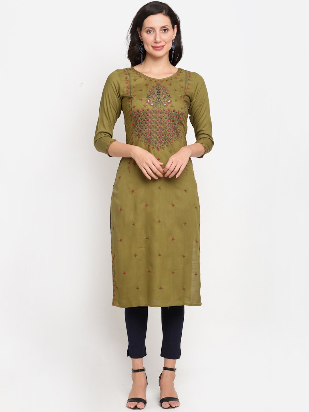 

Lovely Lady Women Olive Green & Red Floral Embroidered Thread Work Kurta