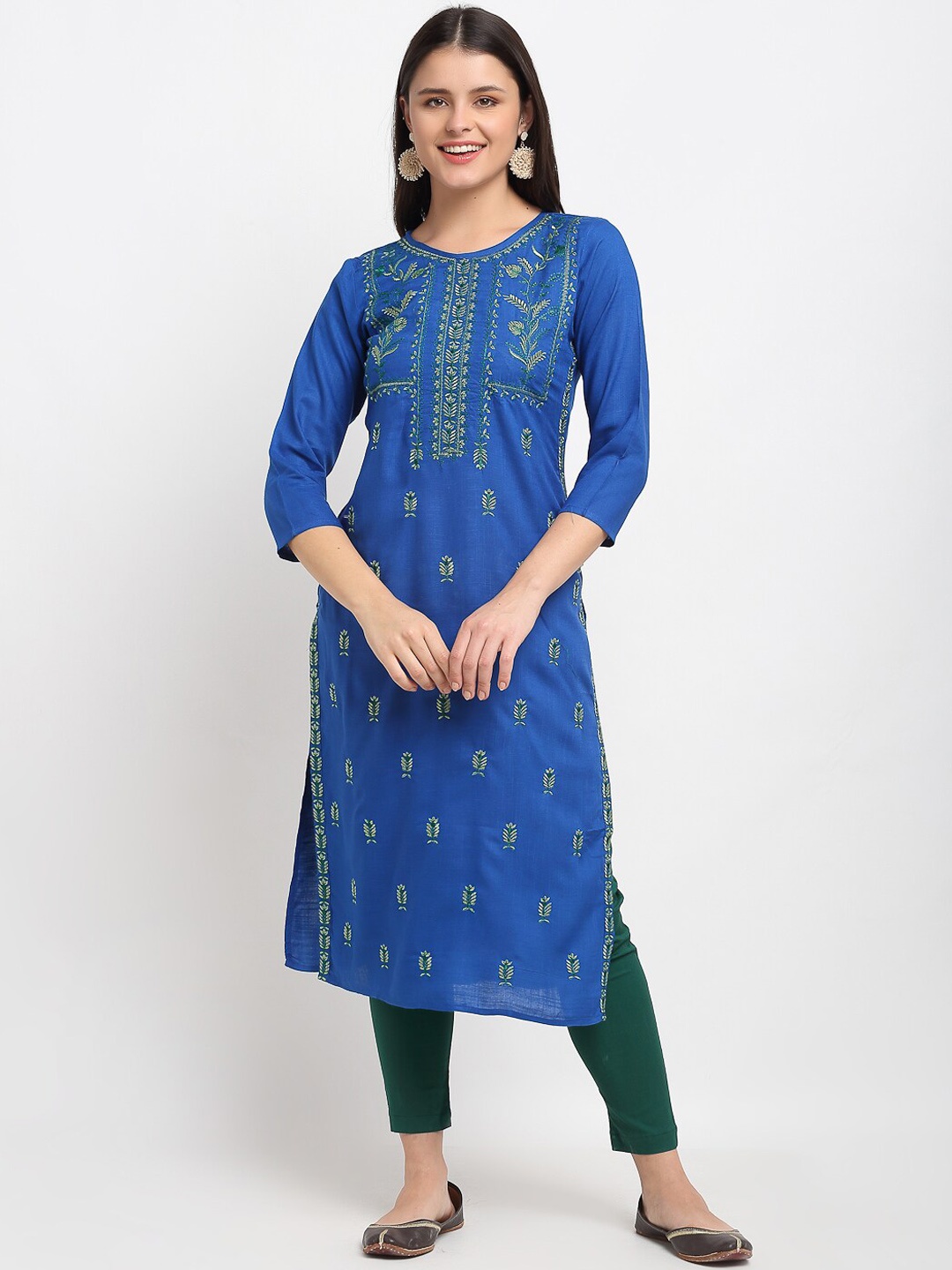 

Lovely Lady Women Blue & Green Floral Embroidered Thread Work Kurta