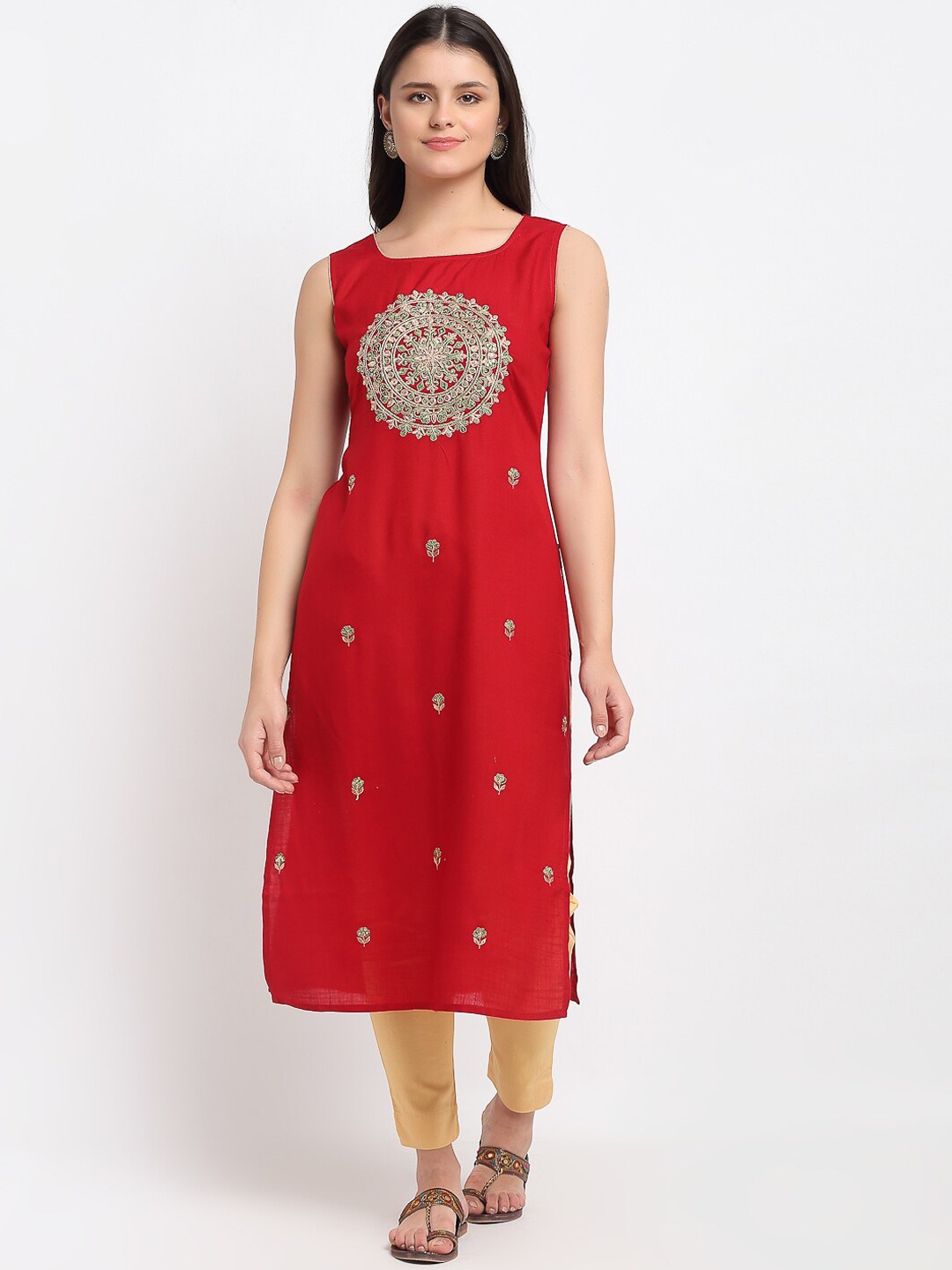 

Lovely Lady Women Maroon Ethnic Motifs Yoke Design Kurta