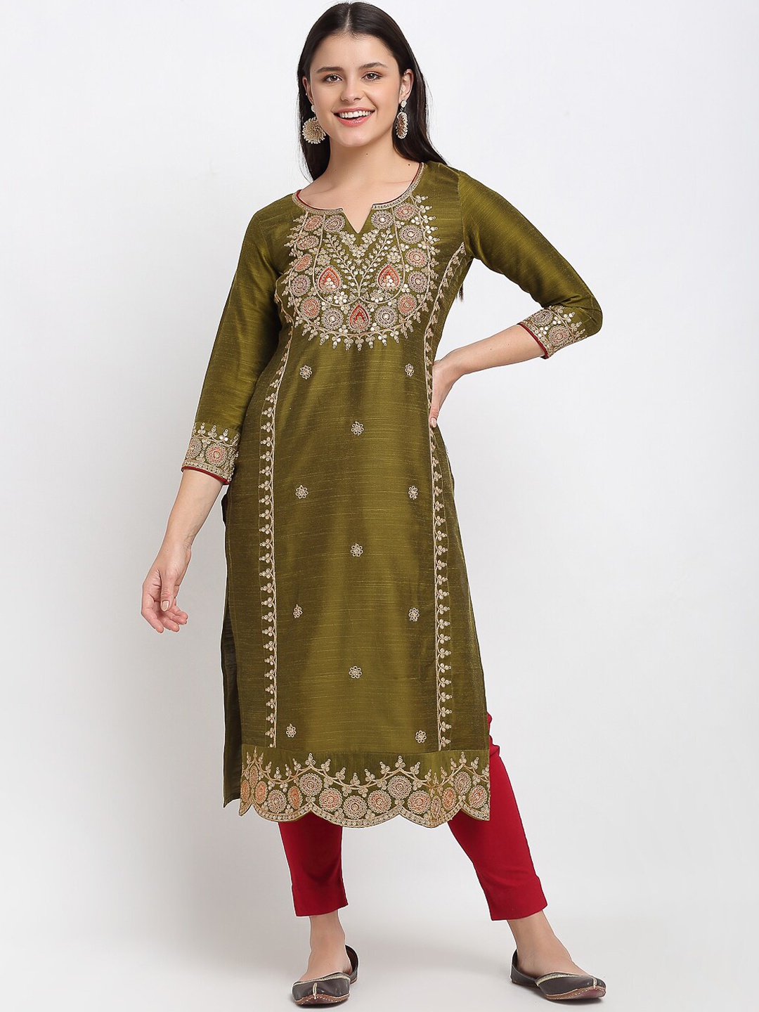 

Lovely Lady Women Olive Green Ethnic Motifs Slim-Fit Embroidered Kurta