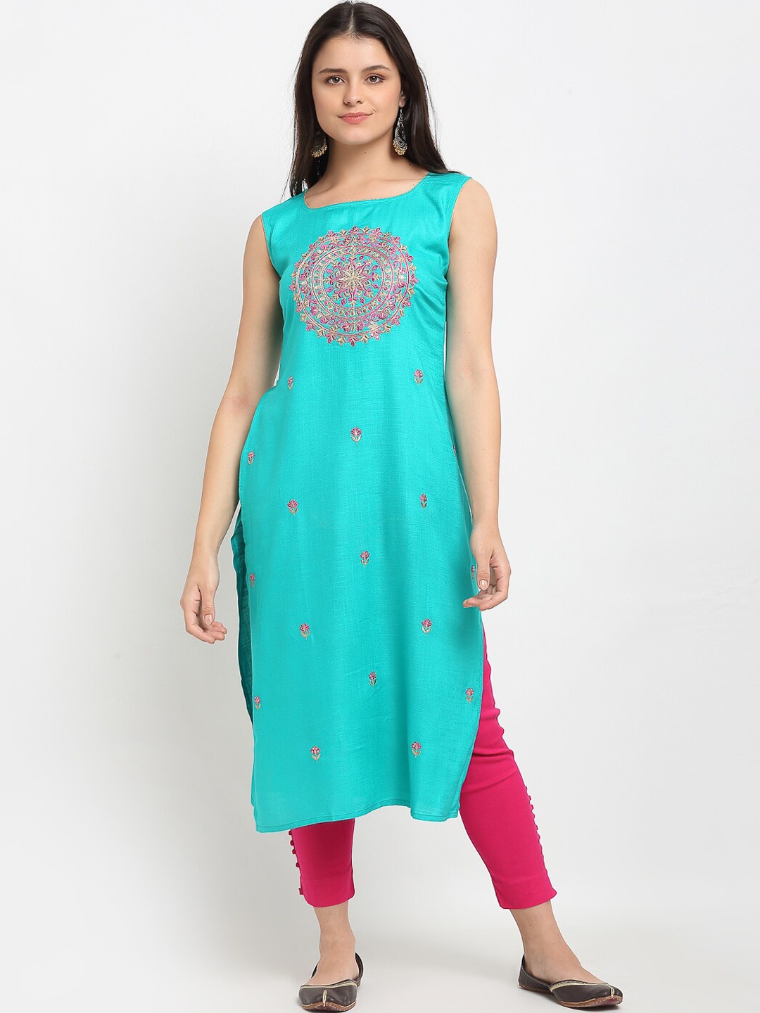 

Lovely Lady Women Teal Green Ethnic Motifs Embroidered Kurta