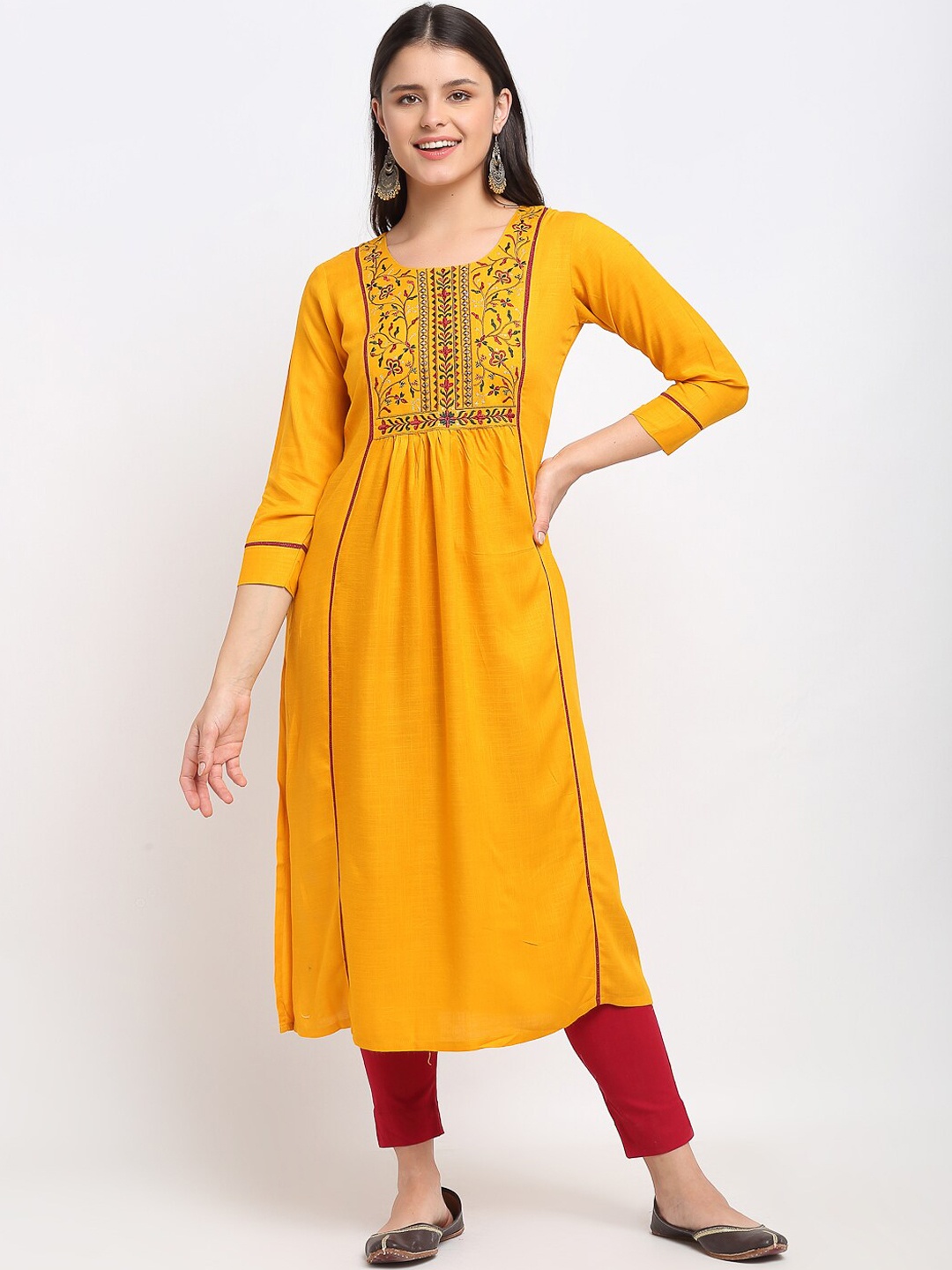 

Lovely Lady Women Mustard Yellow & Red Floral Yoke Design Thread Work Kurta