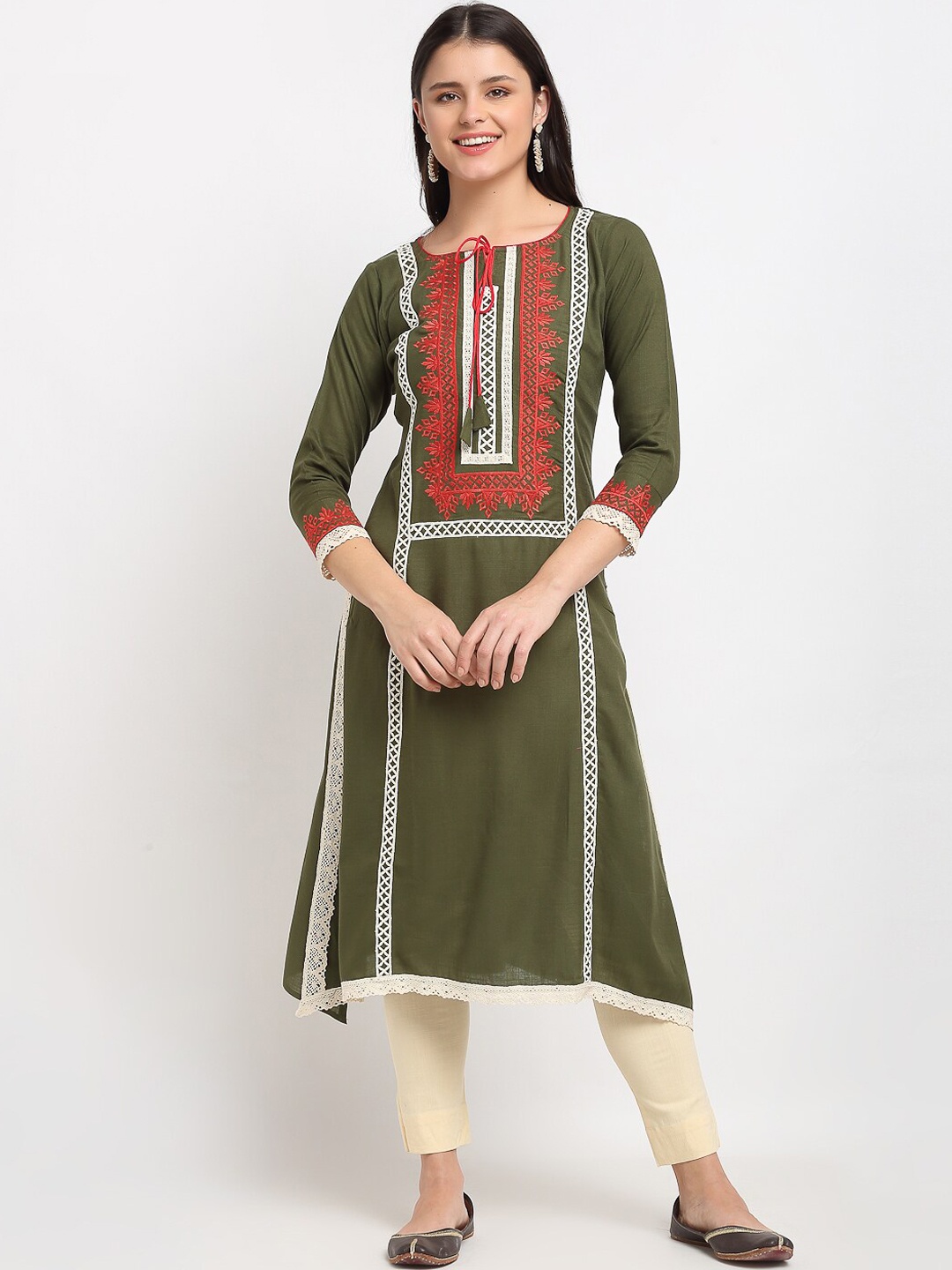 

Lovely Lady Women Olive Green Ethnic Motifs Yoke Design Kurta