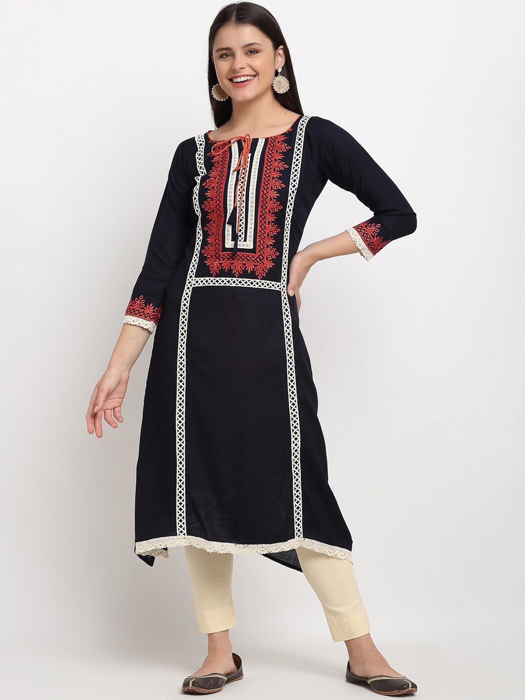 

Lovely Lady Women Navy Blue Ethnic Motifs Slim-Fit Embroidered Kurta