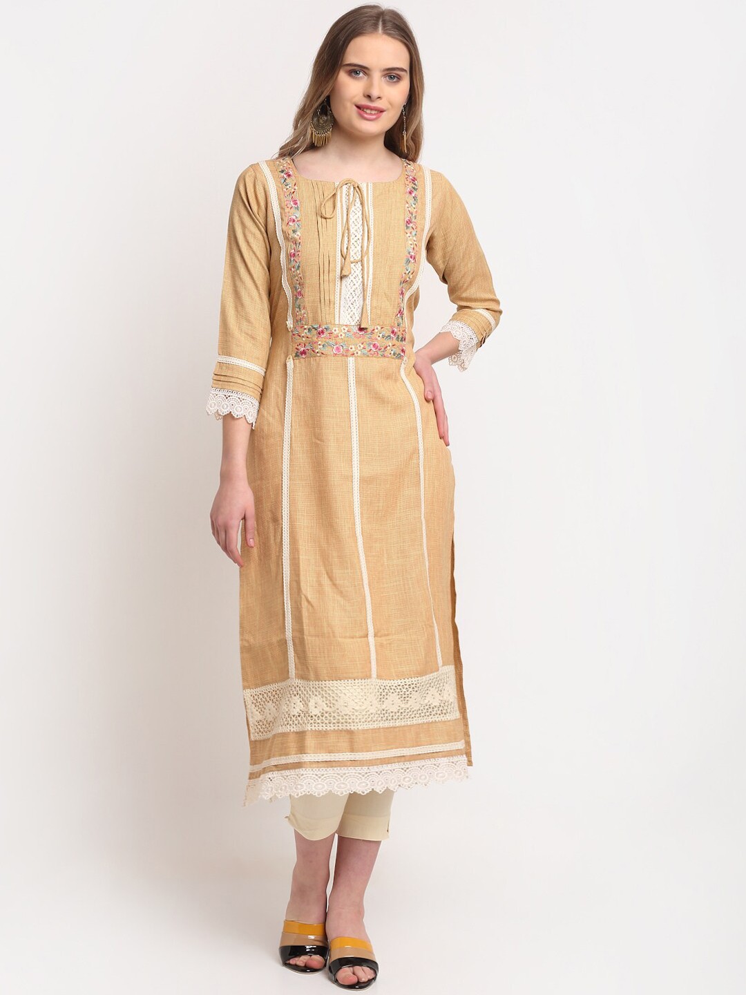 

Lovely Lady Women Mustard Yellow Floral Embroidered Kurta