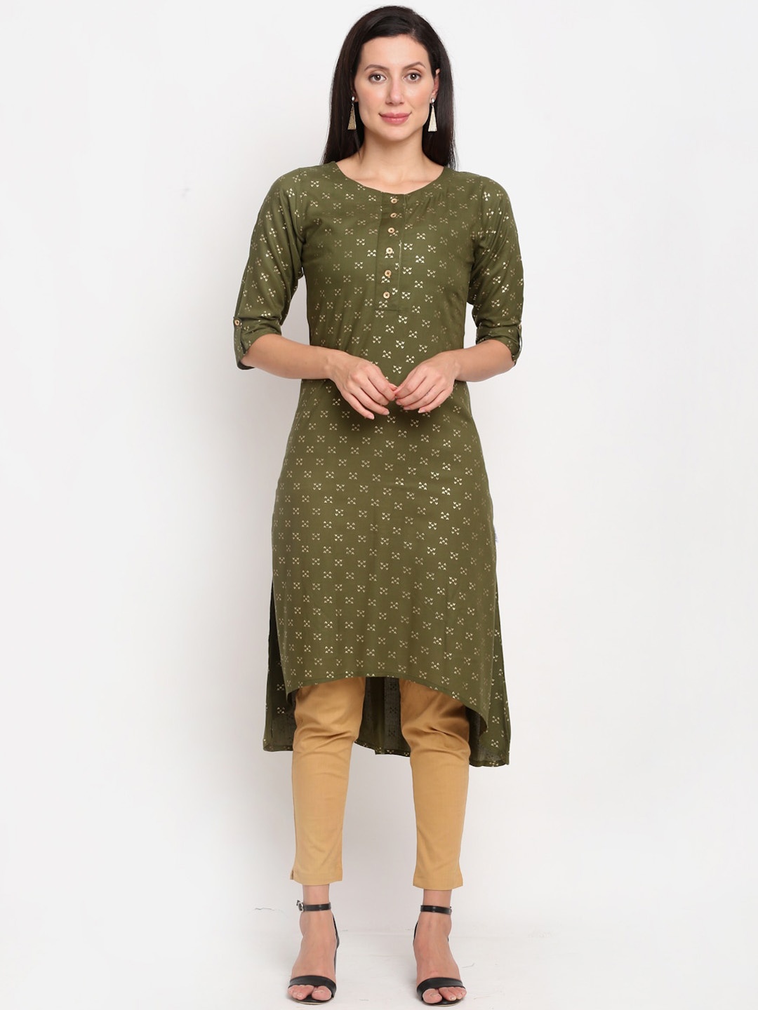 

Lovely Lady Women Olive Green & Gold-Toned Geometric Printed Kurta
