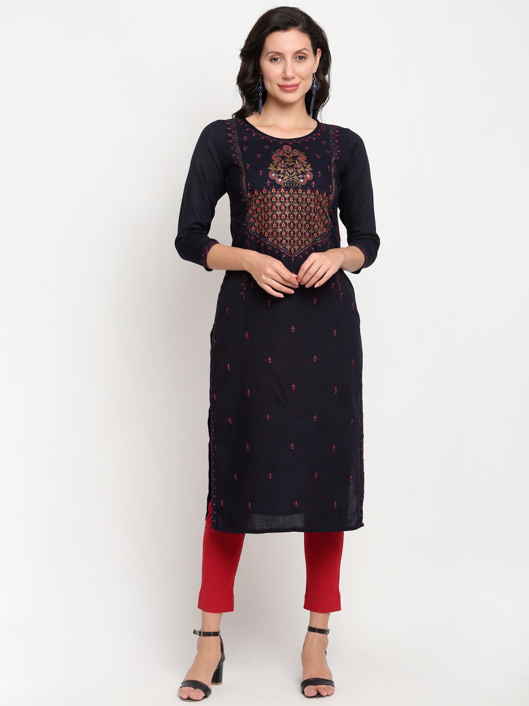 

Lovely Lady Women Navy Blue & Red Floral Embroidered Thread Work Kurta