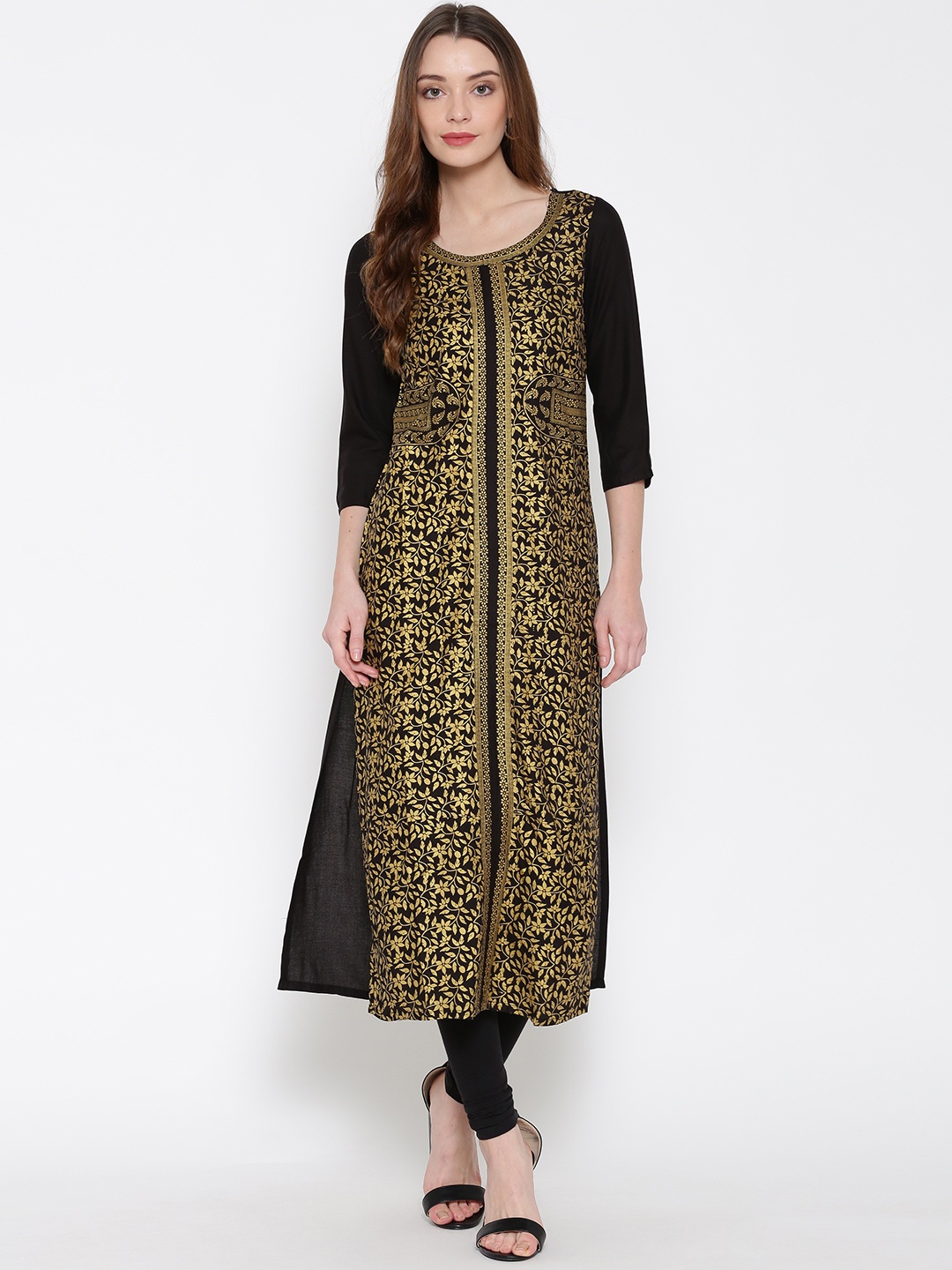 

AURELIA Women Black & Golden Printed Straight Kurta