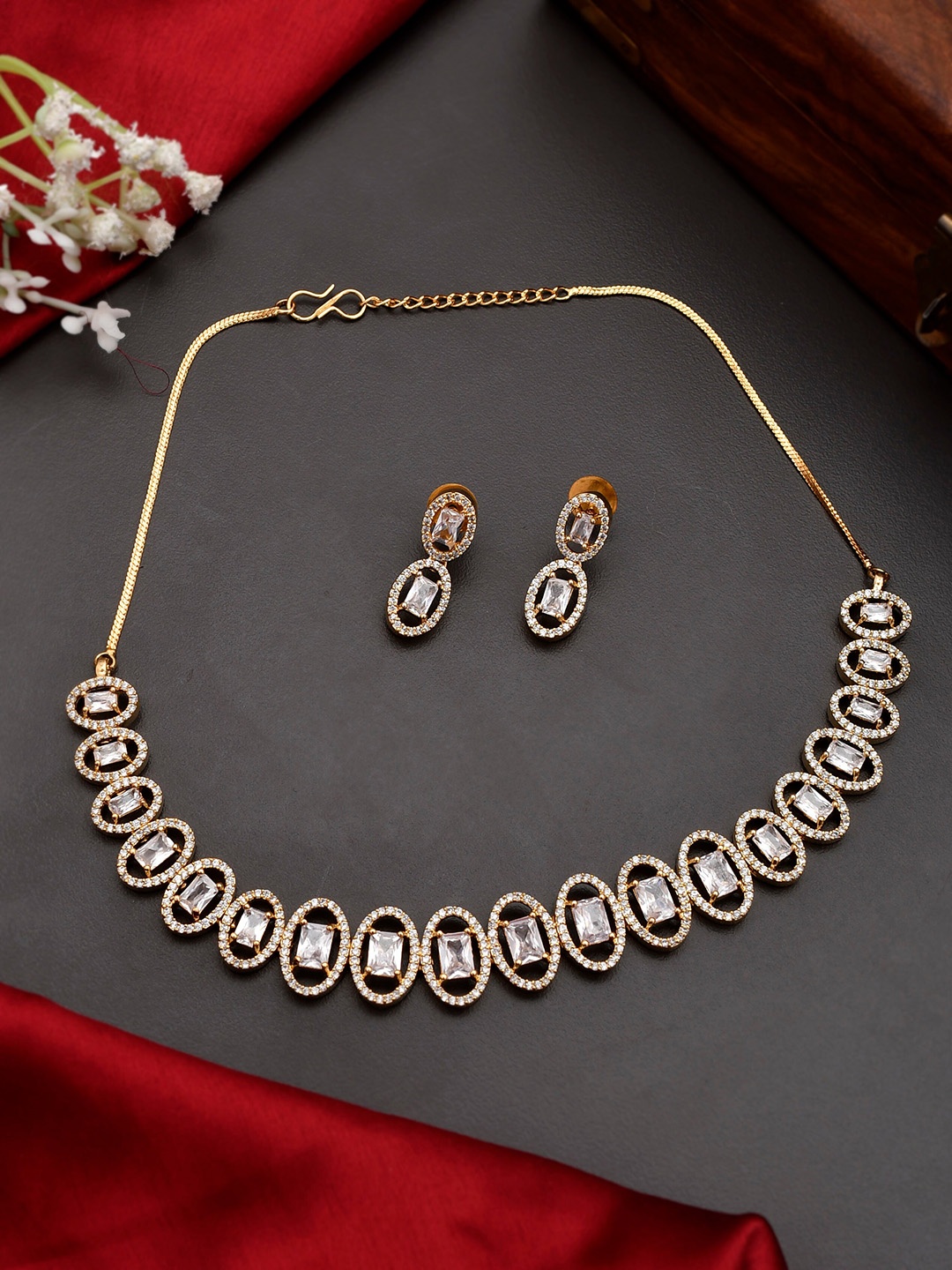 

Silvermerc Designs Gold-Plated White AD Studded & Beaded Jewellery set