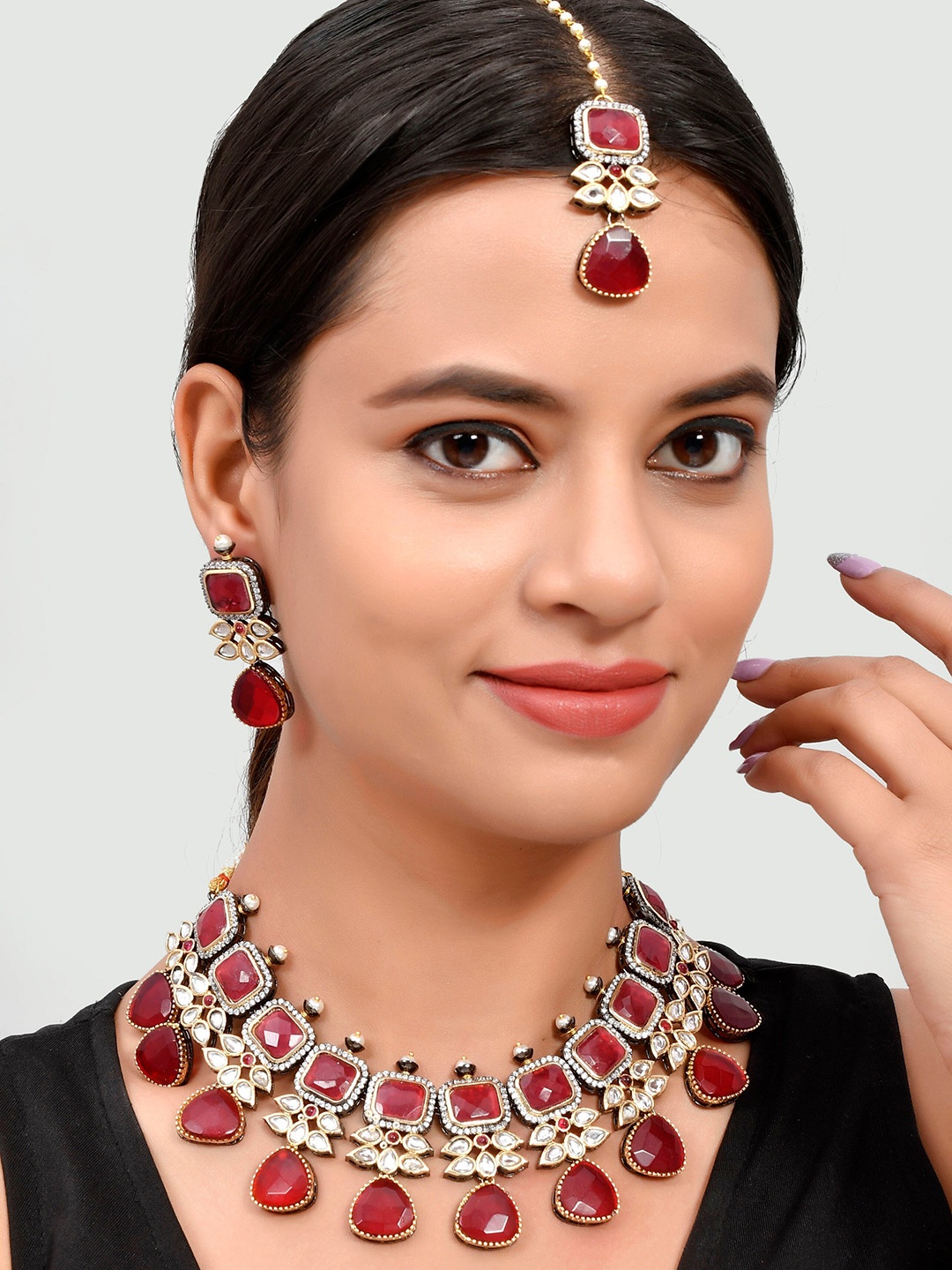 

Silvermerc Designs Gold-Plated Red & White AD & Kundan Studded Jewellery Set