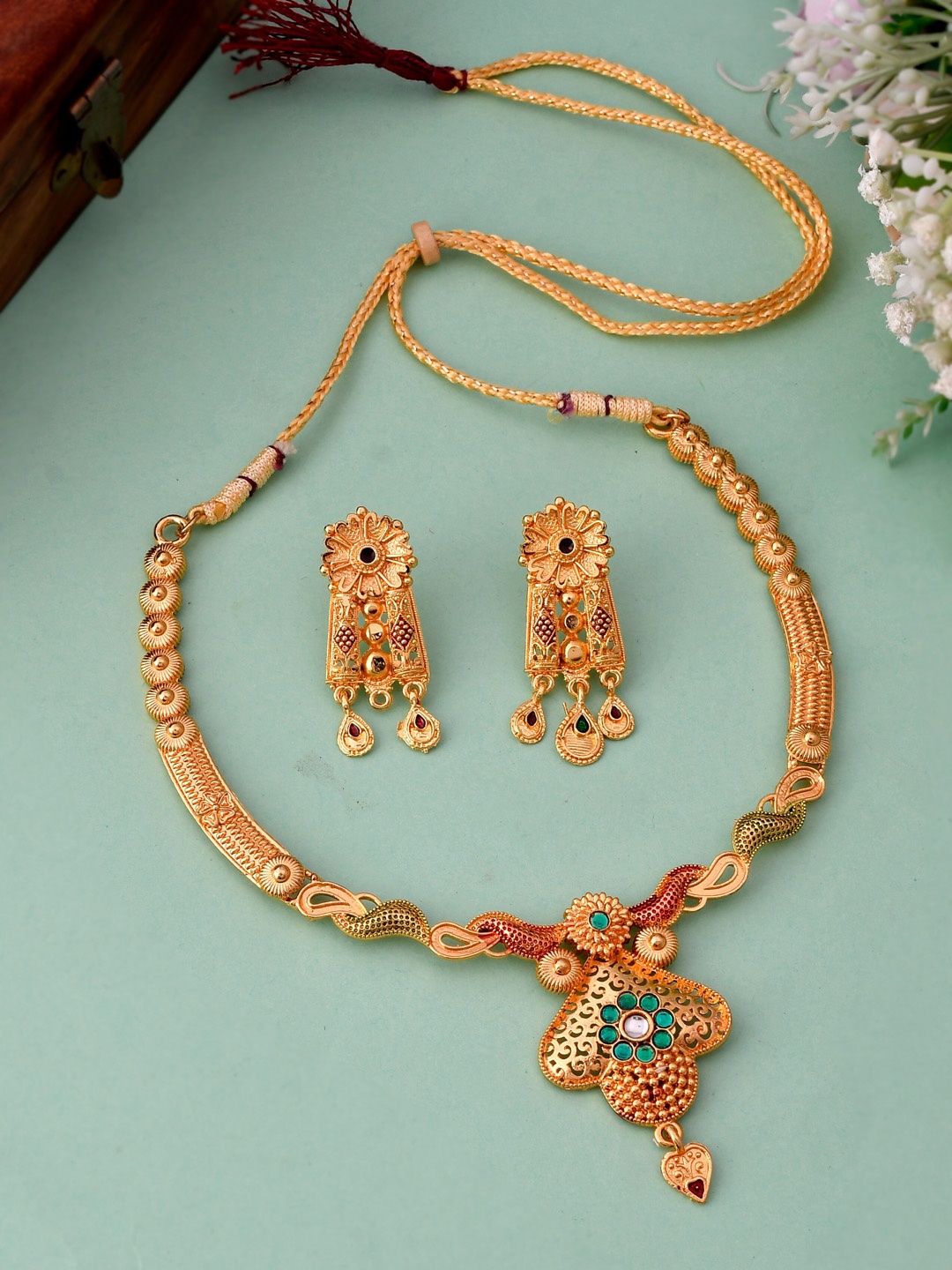 

Silvermerc Designs Gold-Plated & Green Stone-Studded Beaded Jewellery Set