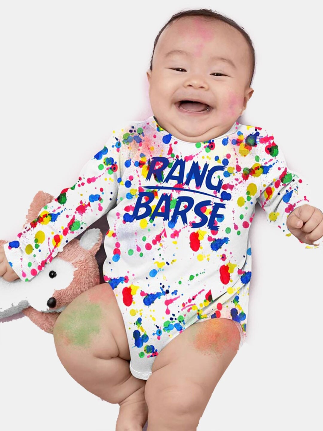 

BONKIDS Infants Kids White & Blue Rang Barse Holi Printed Pure Cotton Bodysuit