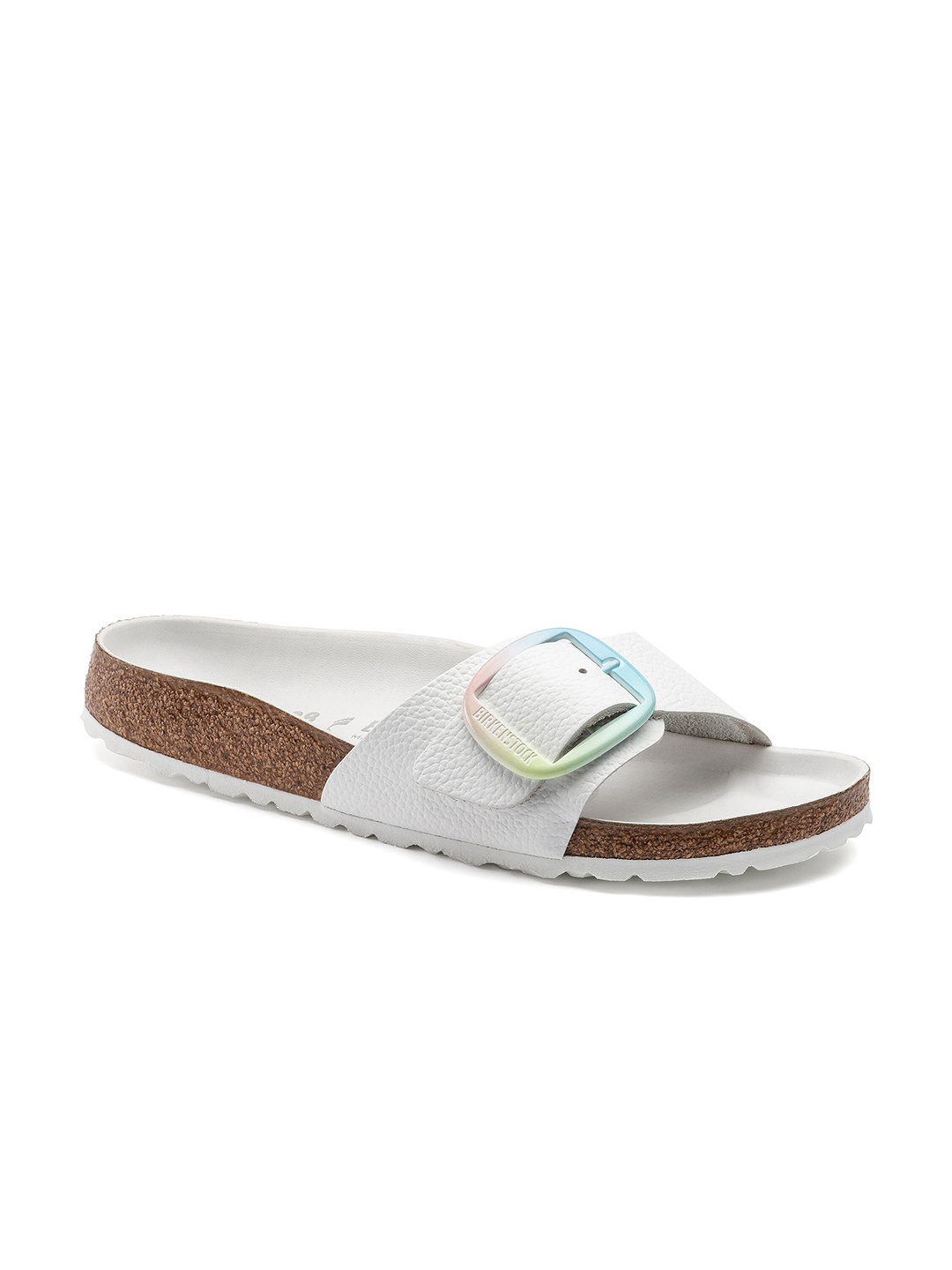 

Birkenstock Women Narrow Width White & Blue Madrid Big Buckle Sliders