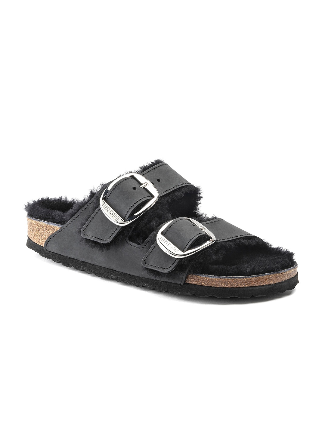 

Birkenstock Arizona Buckle Shearling Black Narrow Width Oiled Leather Two-Strap Sandals