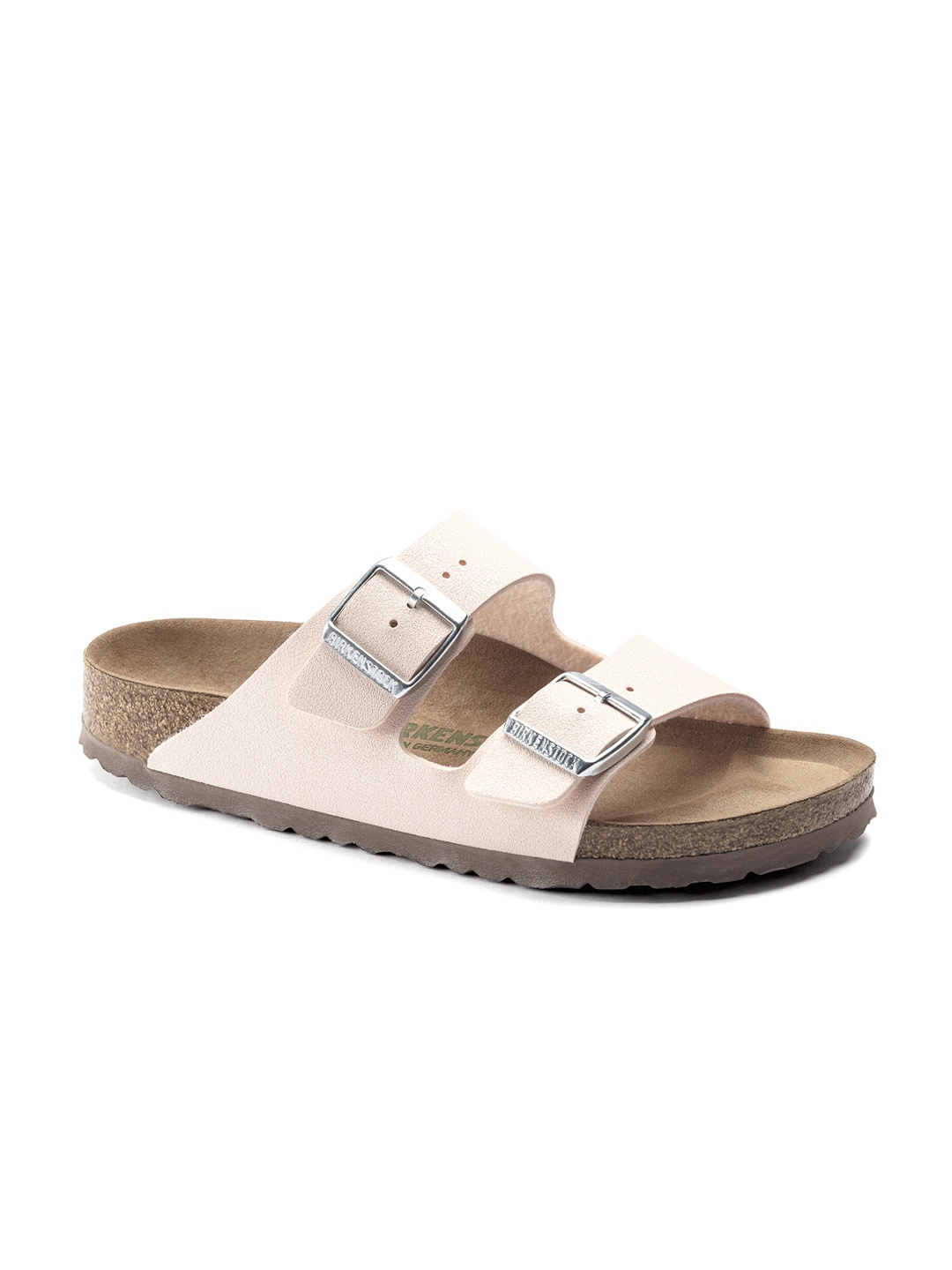 

Birkenstock Women Narrow Width Pink & Brown Arizona Big Buckle Sliders