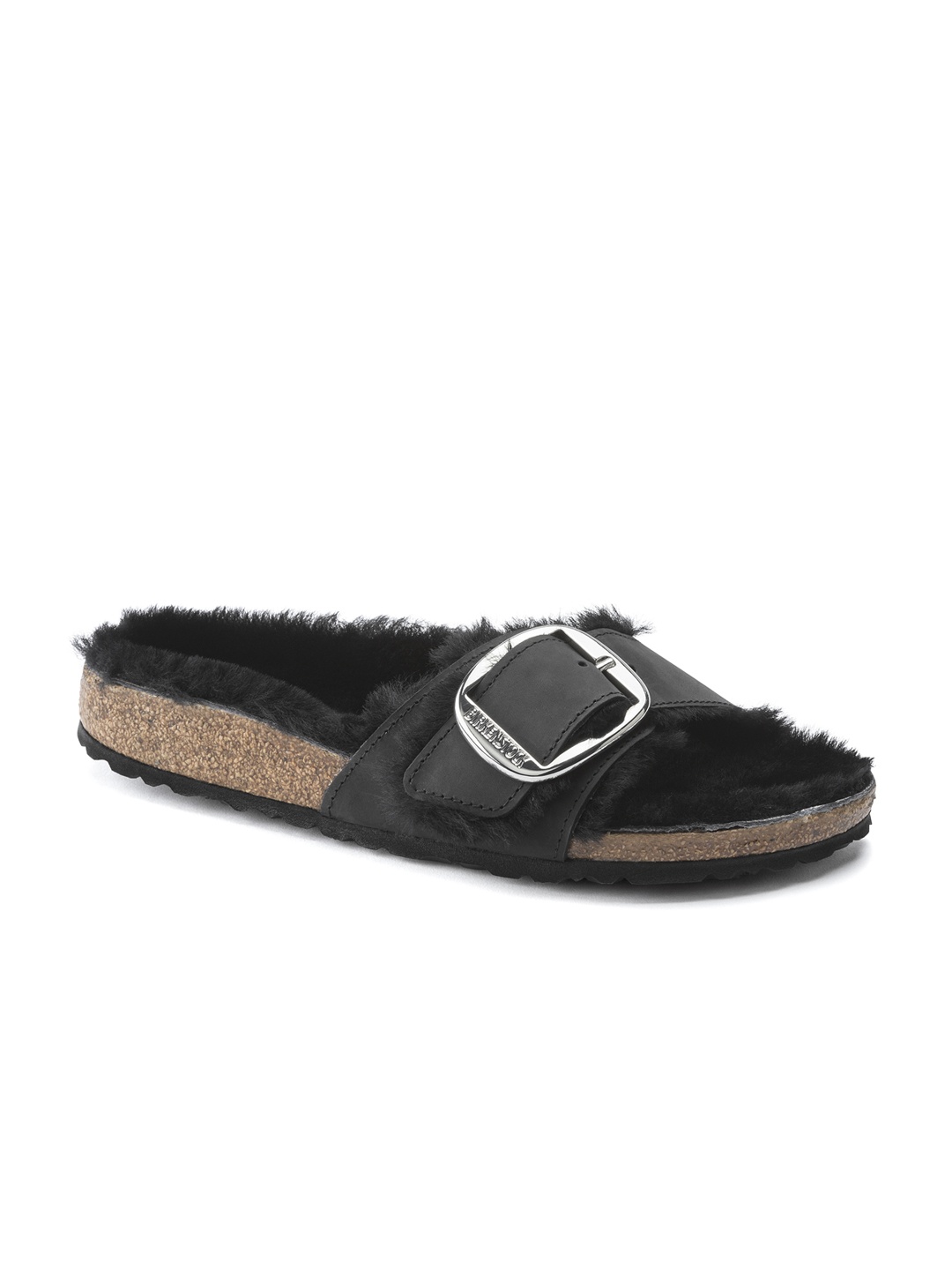 

Birkenstock Madrid Big Buckle Shearling Black Narrow Width Oiled Leather One-Strap Sandals