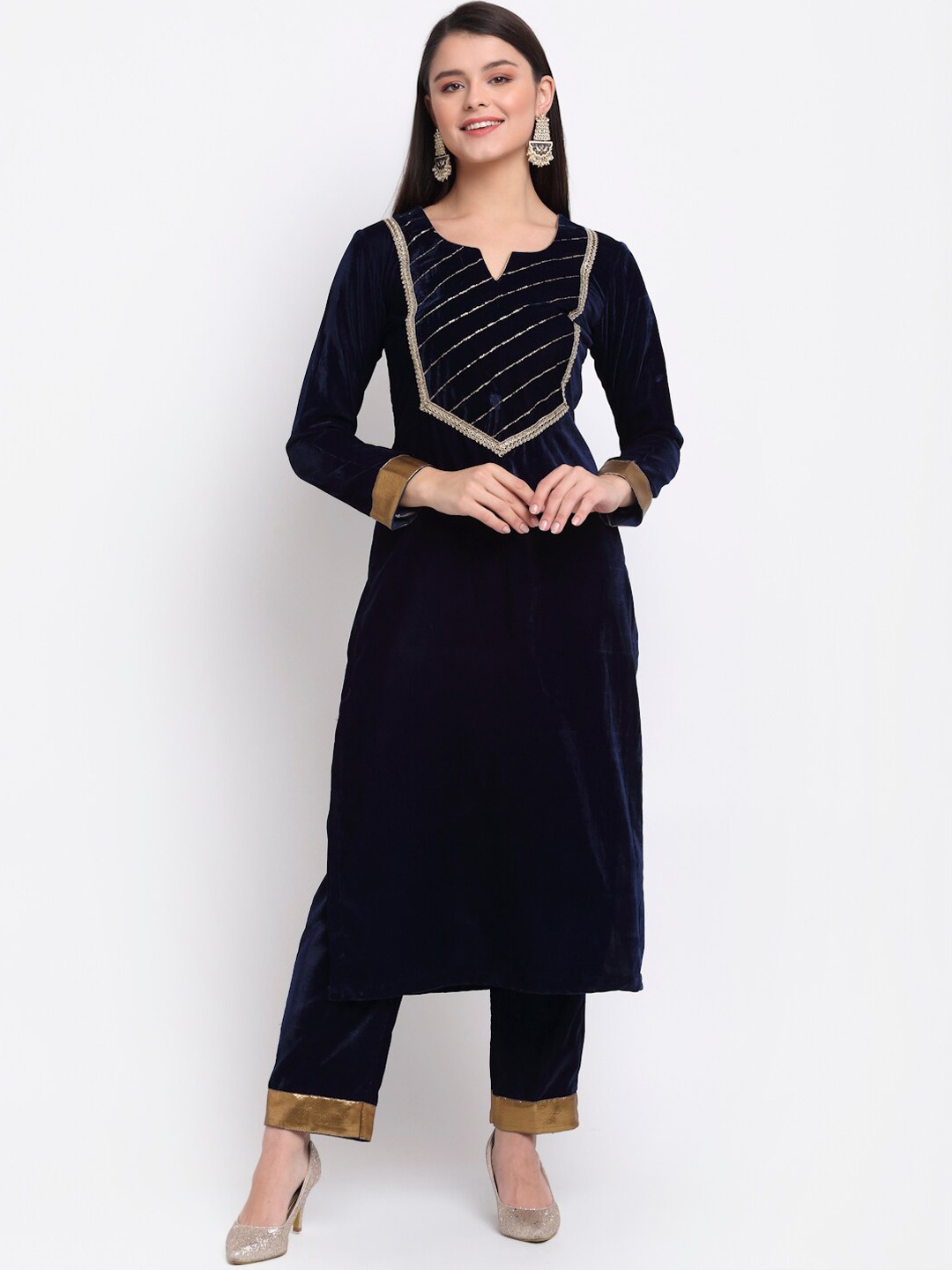 

anokherang Women Navy Blue Velvet Kurta with Trousers