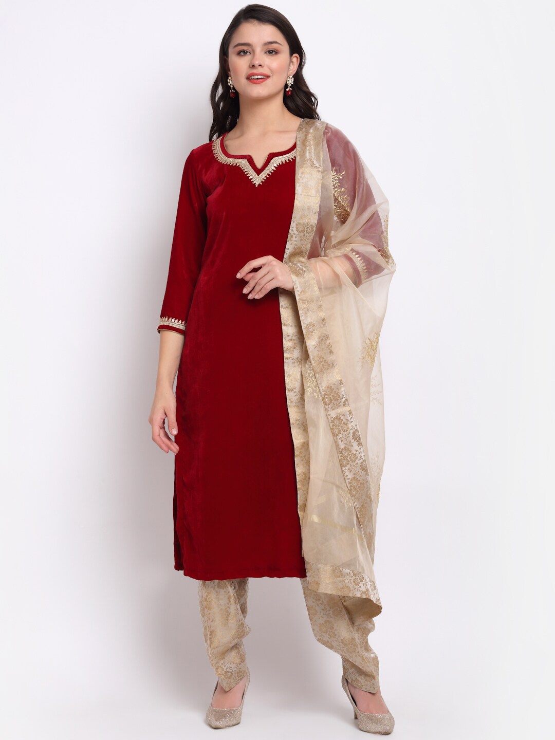 

anokherang Women Maroon Floral Gotta Patti Velvet Kurta with Salwar & With Dupatta