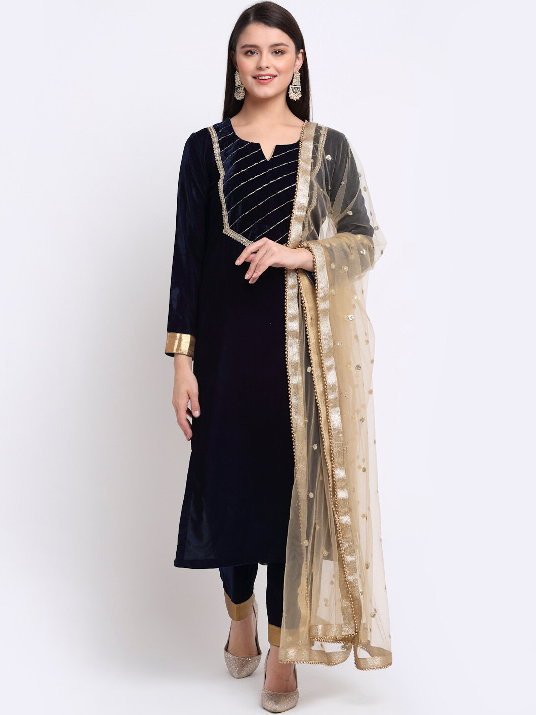 

anokherang Women Navy Blue High Slit Velvet Kurti with Palazzos & With Dupatta
