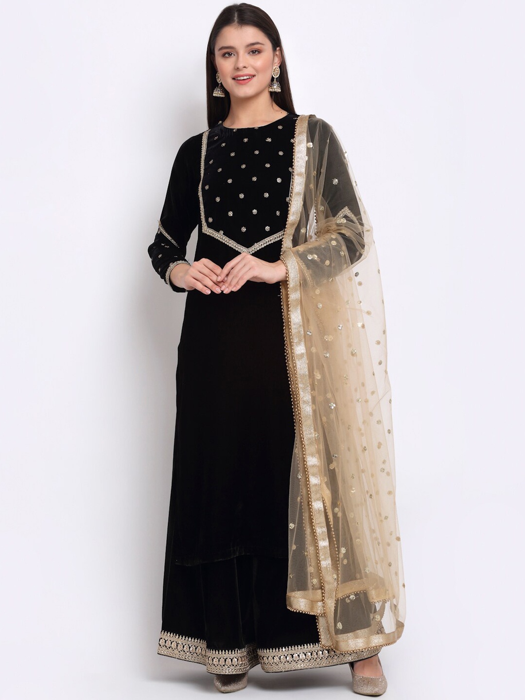 

anokherang Women Black Embroidered Sequinned Velvet Kurta with Churidar & Dupatta