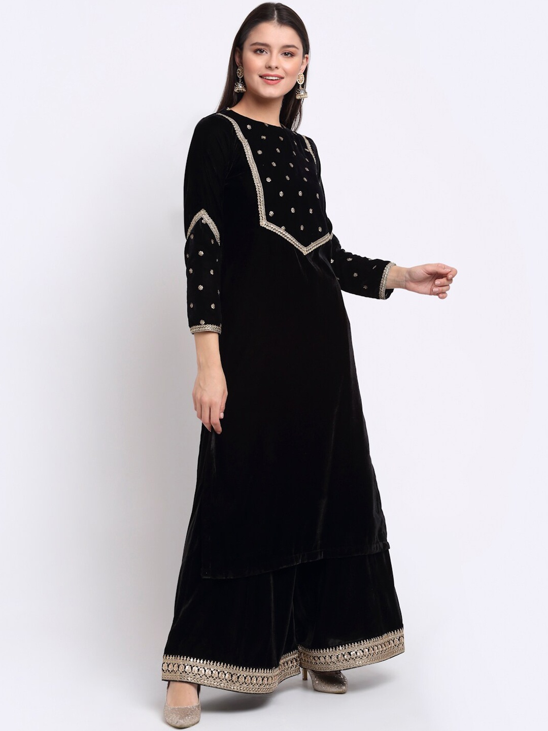 

anokherang Women Black Sequinned Velvet Kurta with Palazzos