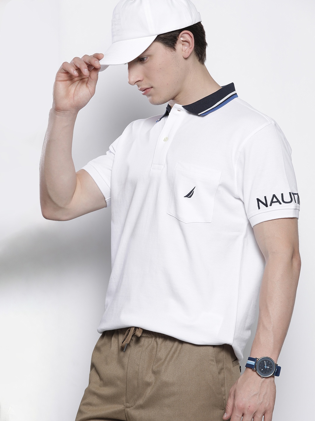 

Nautica Men White Solid Contrast Polo Collar Pockets Pure Cotton T-shirt