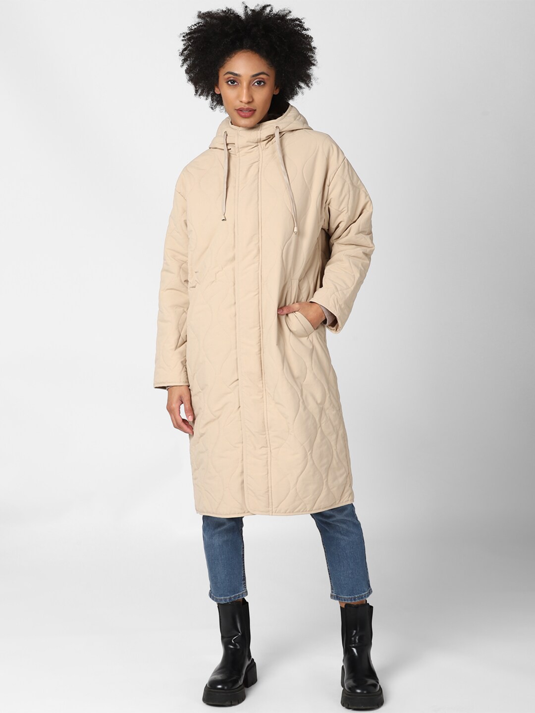 

FOREVER 21 Women Beige Solid Hooded Overcoat