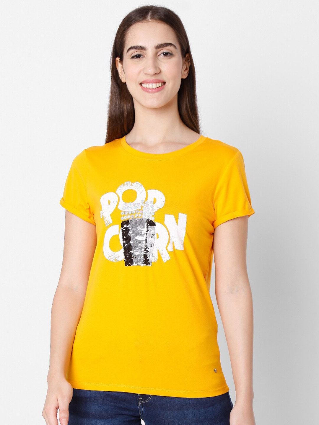 

SPYKAR Women Yellow Printed Slim Fit T-shirt