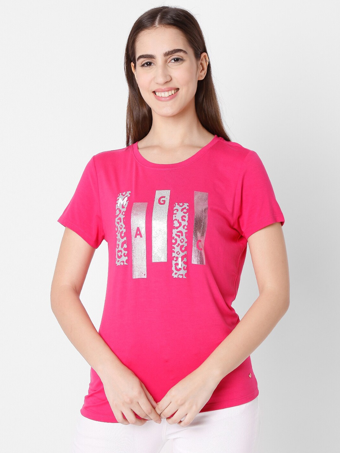 

SPYKAR Women Fuchsia Pink & Silver-Toned Printed Slim Fit T-shirt