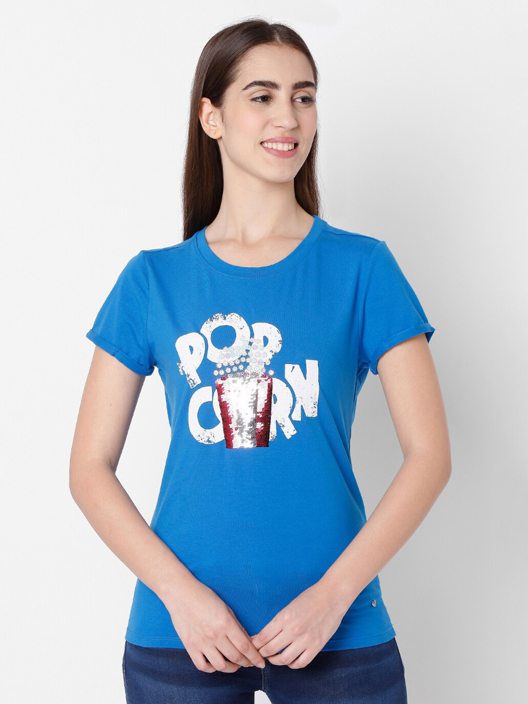 

SPYKAR Women Blue & White Typography Printed Slim Fit T-shirt