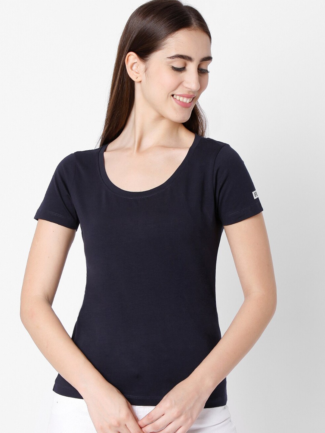 

SPYKAR Women Navy Blue Slim Fit Pure Cotton T-shirt
