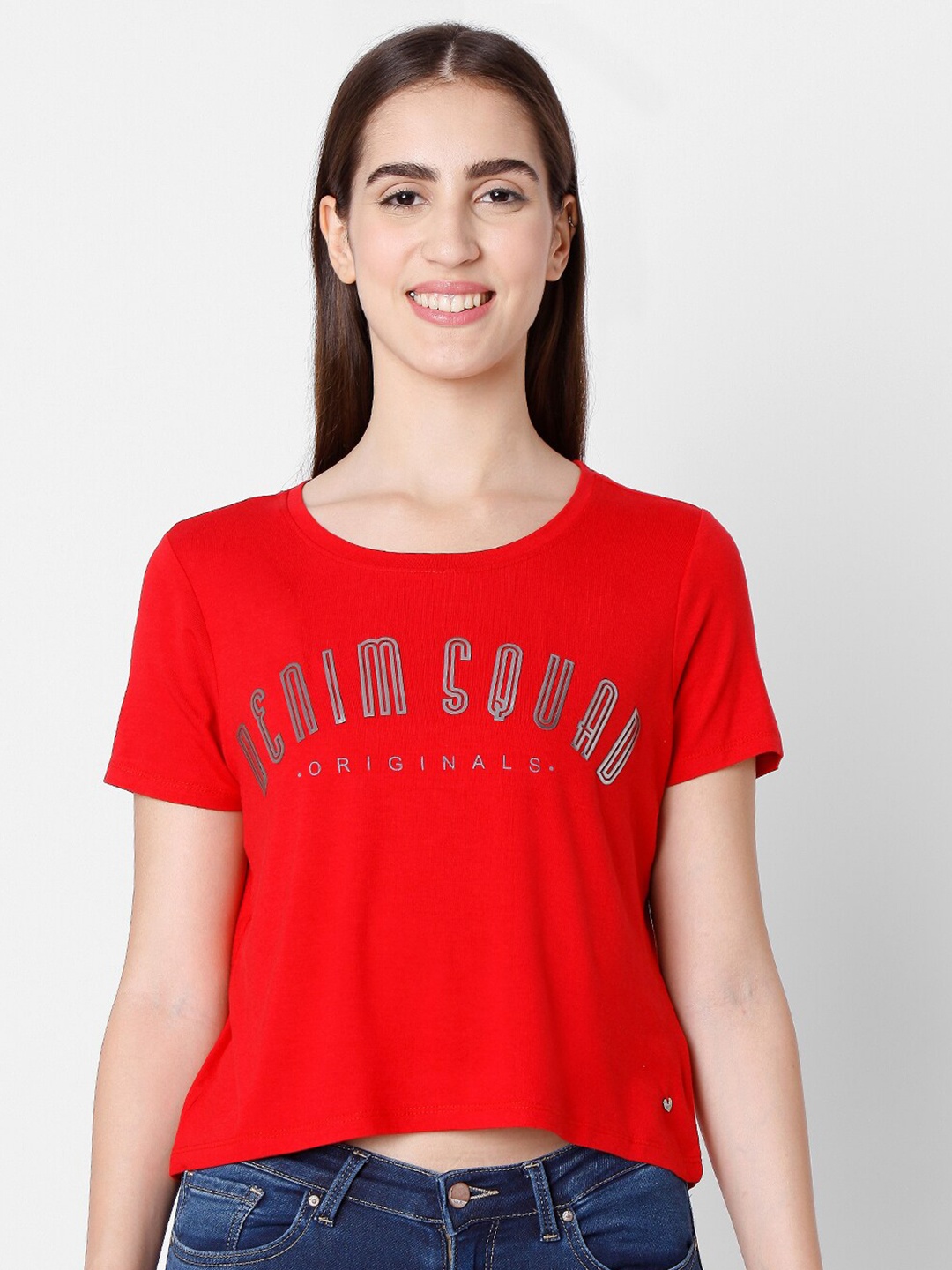 

SPYKAR Women Red Typography Printed Slim Fit T-shirt