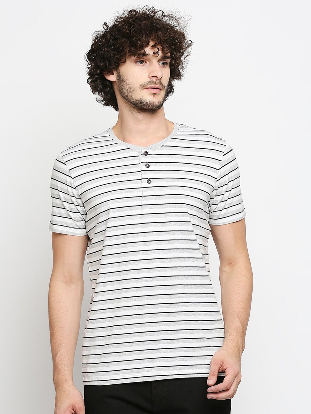 

SPYKAR Men White & Black Striped Henley Neck Slim Fit T-shirt