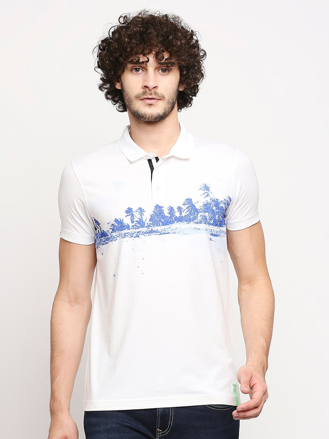 

SPYKAR Men White & Blue Printed Polo Collar Tropical Slim Fit T-shirt