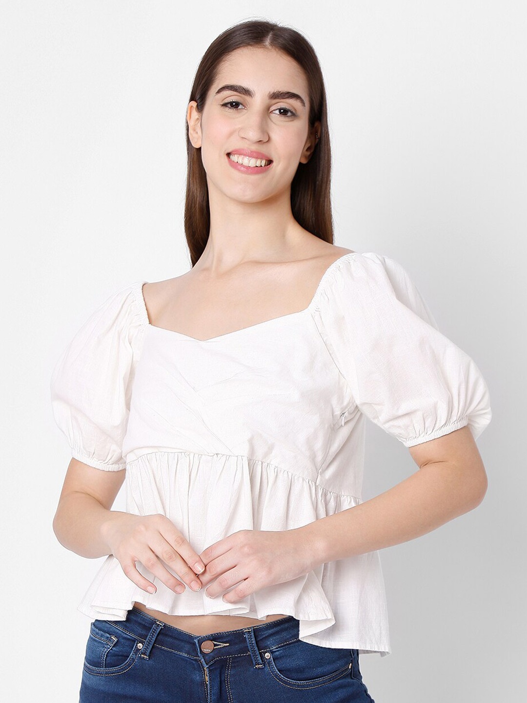 

SPYKAR White Sweetheart Neck Empire Crop Top