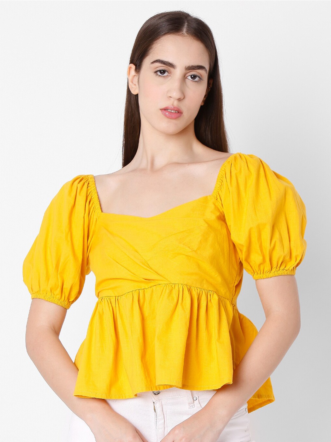 

SPYKAR Yellow Sweetheart Neck Pure Cotton Top