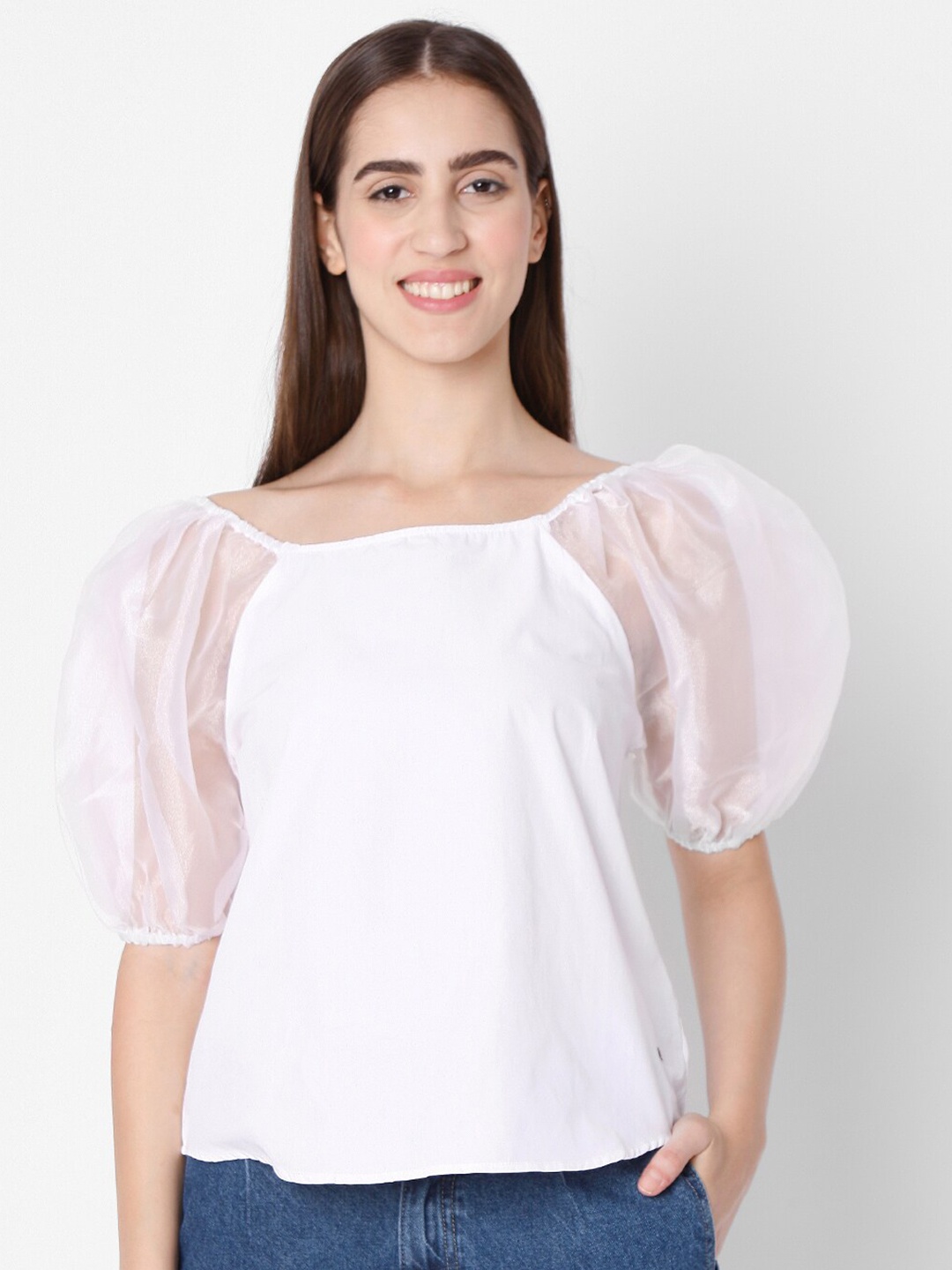 

SPYKAR Women White Solid Puff Sleeve Top