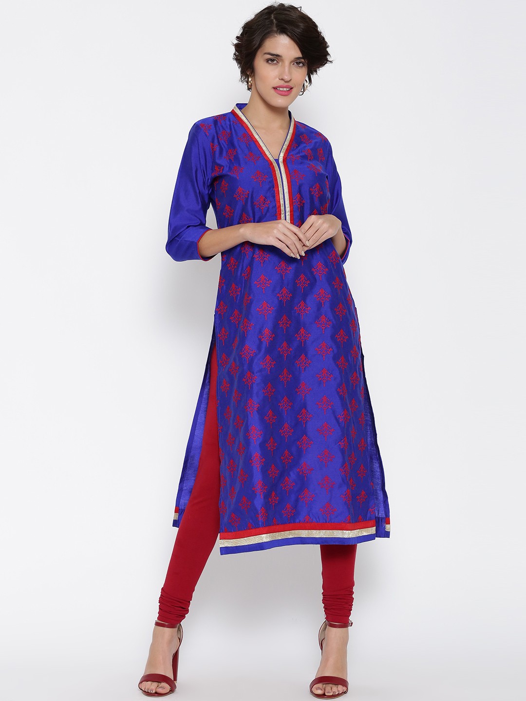 

Jashn Women Blue & Red Embroidered Straight Kurta