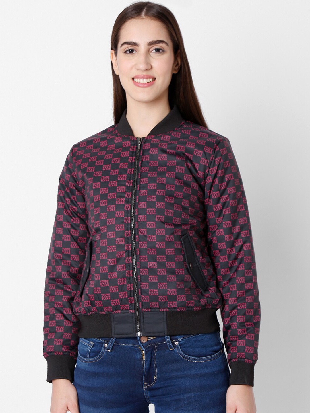 

SPYKAR Women Pink & Black Printed Bomber Jacket