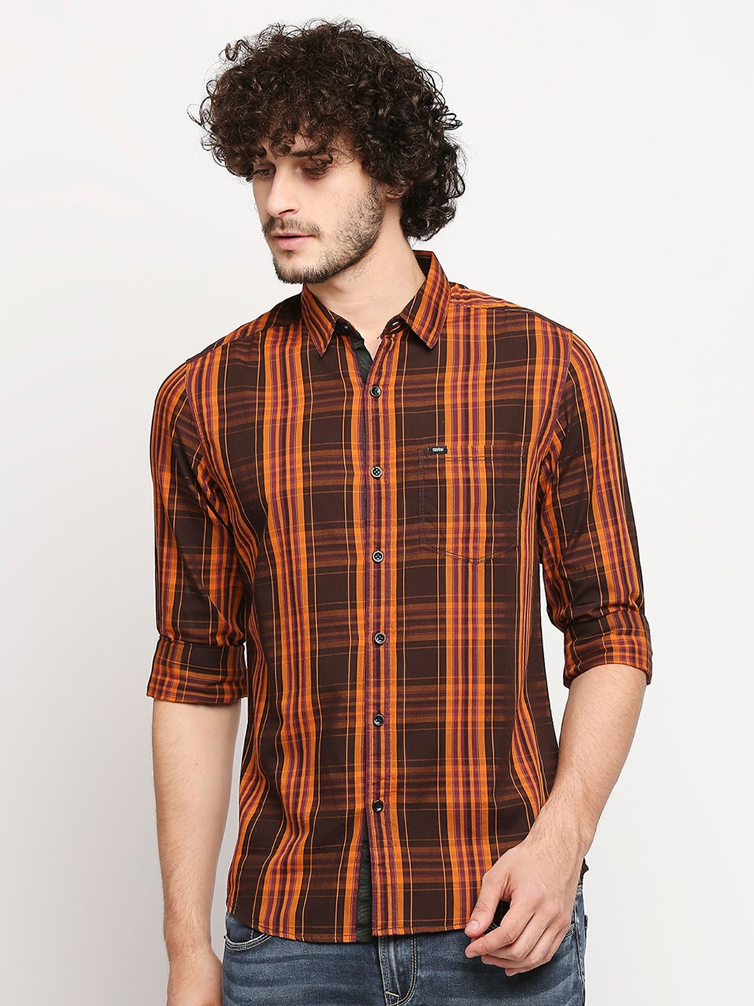 

SPYKAR Men Brown & Orange Red Slim Fit Checked Pure Cotton Casual Shirt