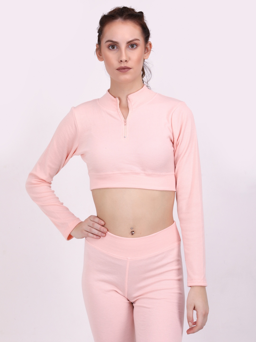 

EVERDION Peach-Coloured Mandarin Collar Crop Top