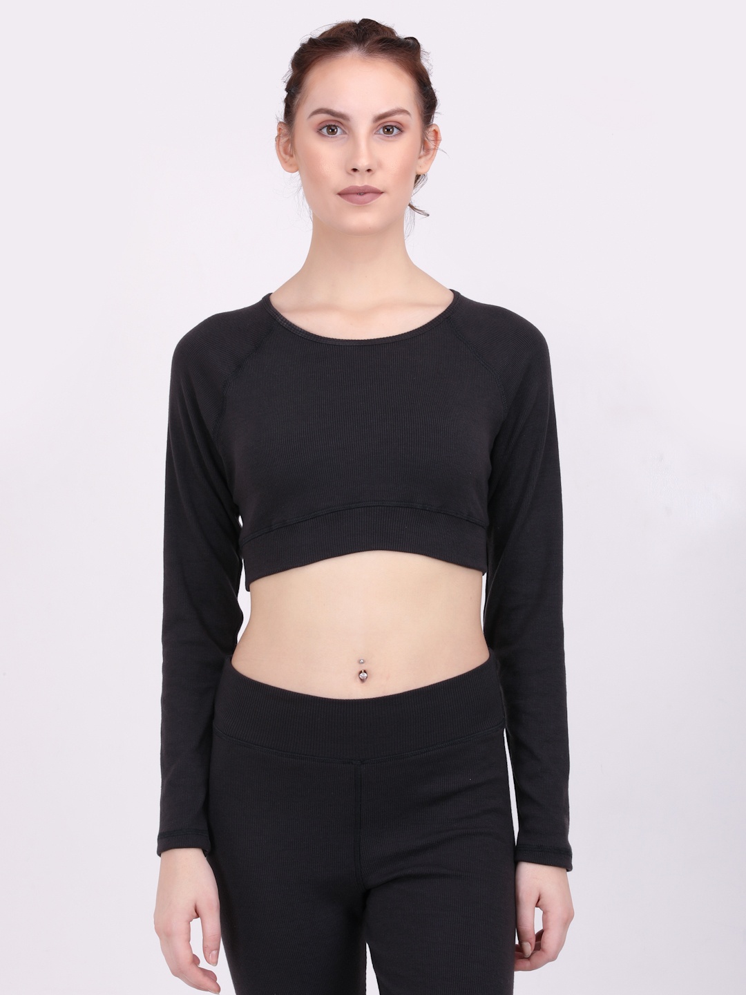 

EVERDION Black Ribbed Pure Cotton Sports Crop Top