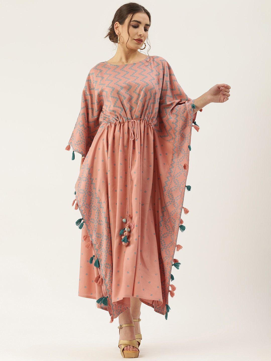 

Rustorange Rose & Blue Bandhani Printed Midi Kaftan Dress