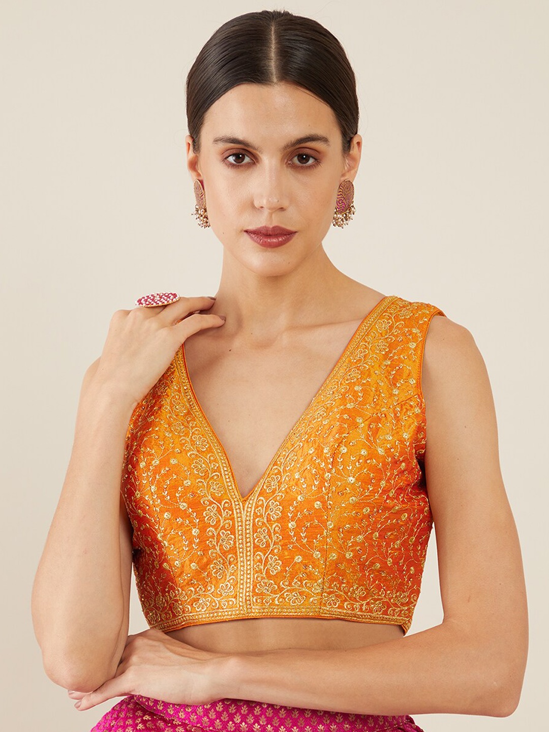 

Soch Mustard & Gold Colored Embroidered V-Neck Blouse