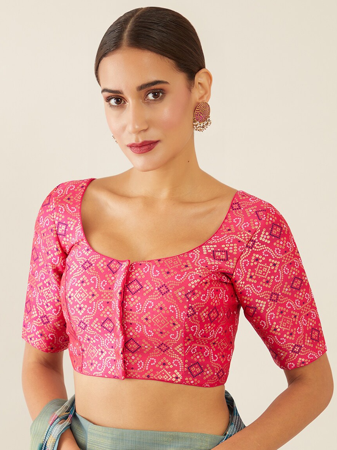 

Soch Pink & White Bandhani Printed Art Silk Saree Blouse