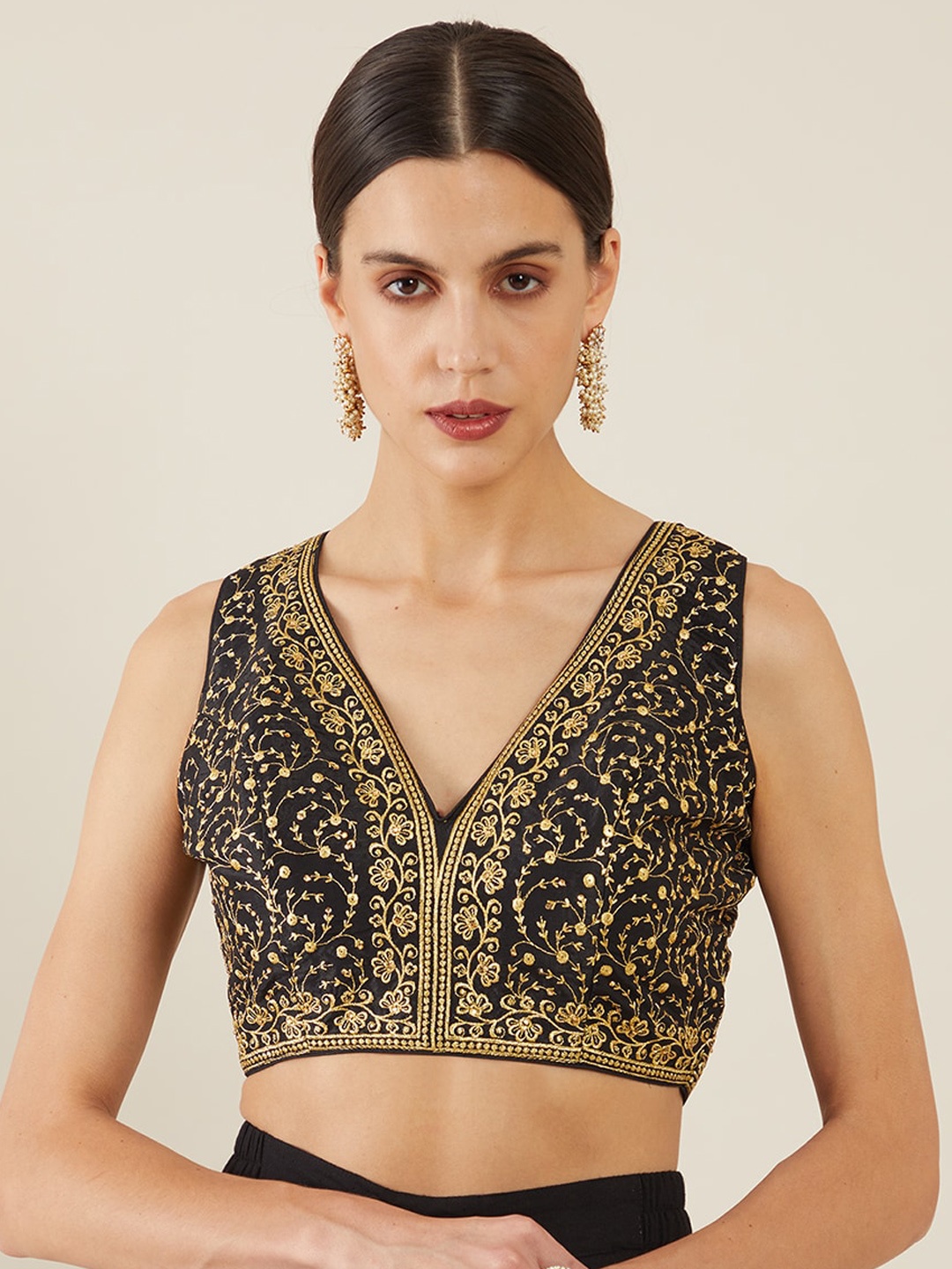 

Soch Women Black & Gold-Toned Embroidered Readymade Saree Blouse