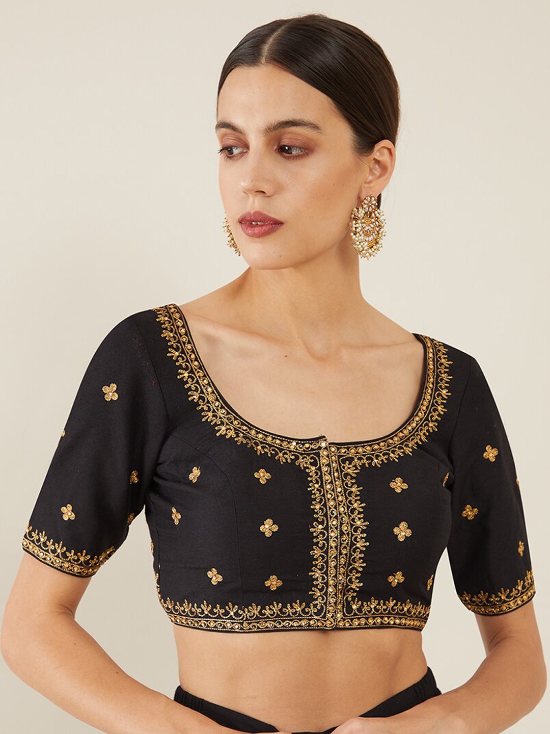 

Soch Women Black & Gold Embroidered Saree Blouse