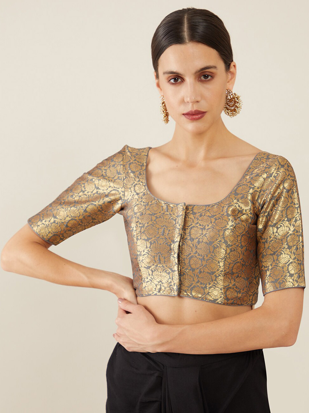 

Soch Women Grey & Gold-Coloured Woven Design Saree Blouse
