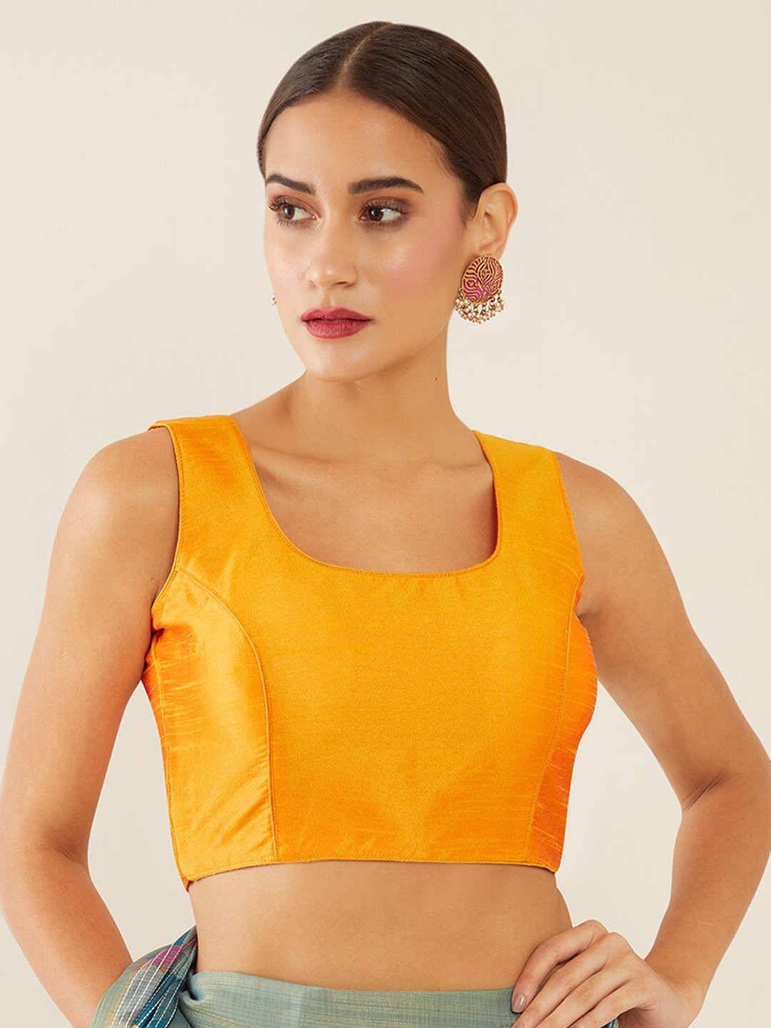 

Soch Women Mustard Yellow Solid U-neck Silk Saree Blouse