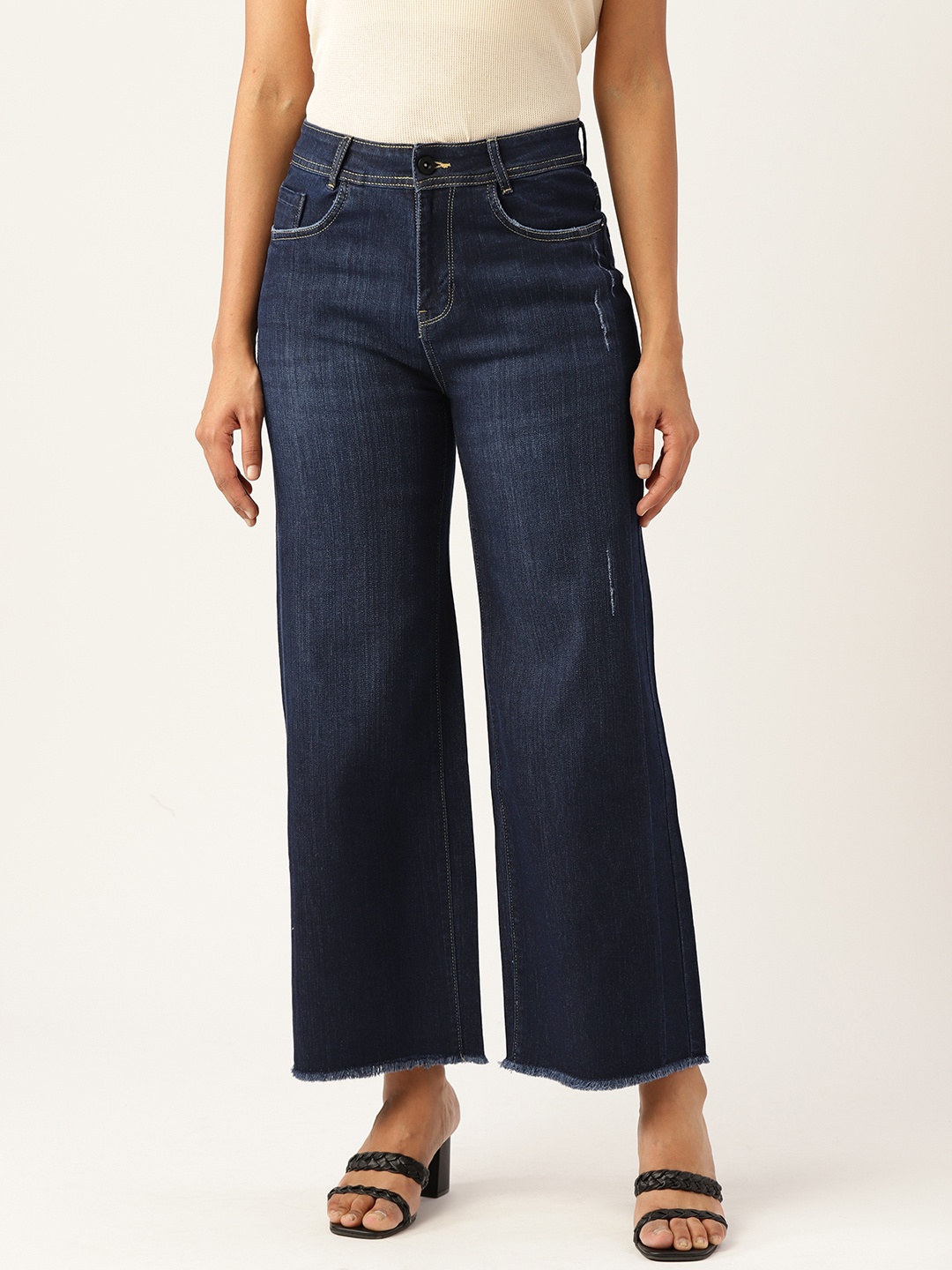 

Monte Carlo Women Navy Blue Wide Leg Low Distress Stretchable Jeans